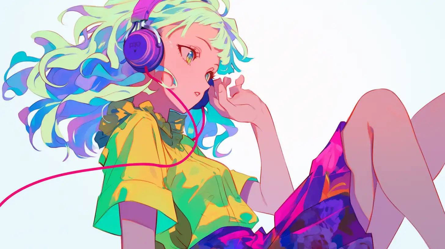 ヘッドホンで音楽を楽しむカラフルな人物イラスト